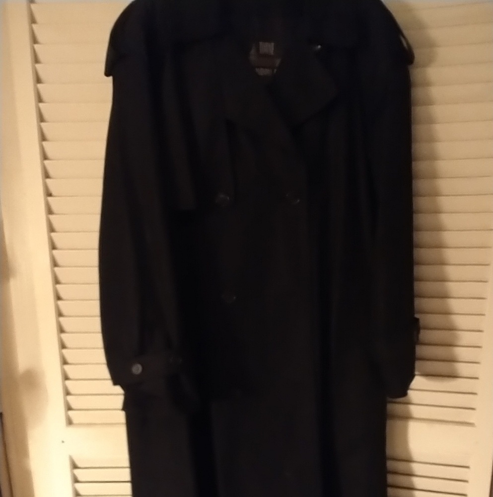 Woman black long London Fog Town trench coat sz 12 R cotton blend double breast